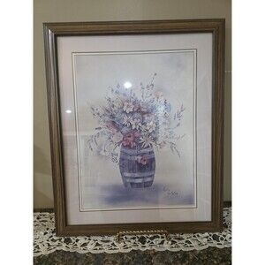Vintage Holly Van Meter Floral Watercolor Print - Barrel Vase - Framed 18x22